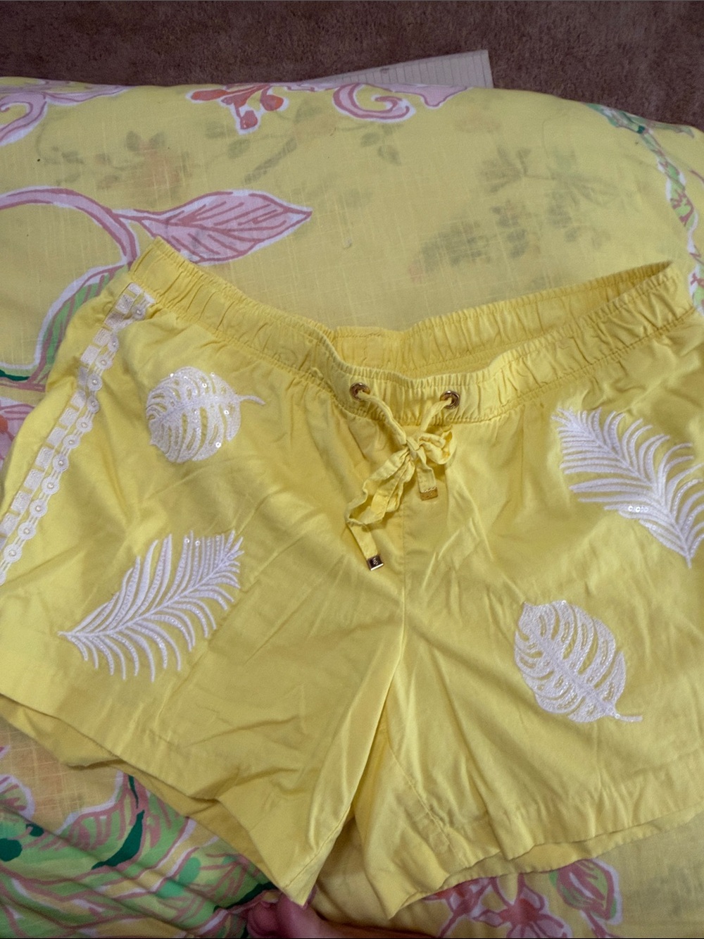 Lilly Pulitzer Yellow Embroidered Feather Shorts